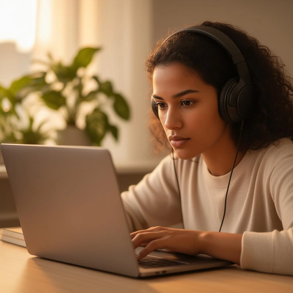Aluna estudando online com fones de ouvido
