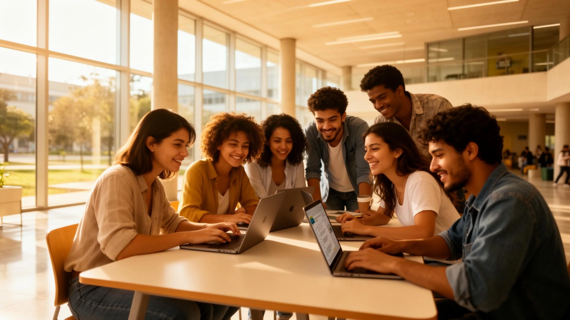 Estudantes da FacOnline colaborando em um espaço moderno do campus